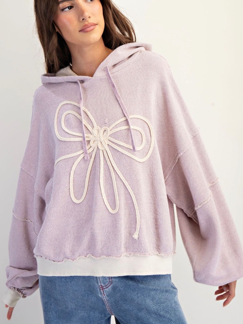 Easel Bow Embroidered French Terry Hoodie Loose Fit Top